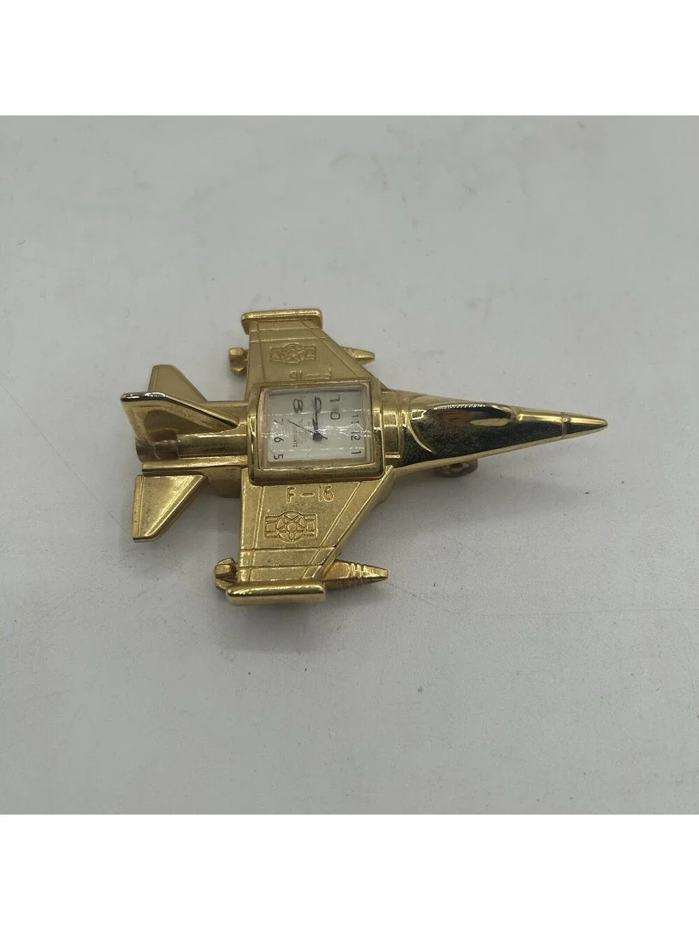 RARE - F-16 US ARMY AIR FORCE JET PLANE GOLD TONE TABLE CLOCK